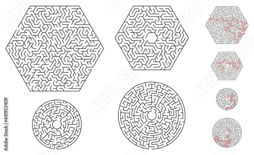 Black and white maze set with solution. A collection of hexagonal and circular mazes. A labyrinth game of varying complexity. Black and white vector