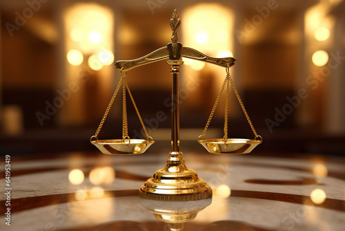 Scales of justice on table in courtroom. Law and justice concept