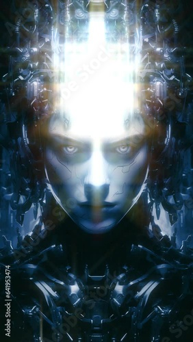 Robot face artificial intelligence in motion with blue light effected. for mobile application background. 9:16 4K vdo.