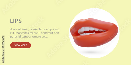 Lip correction. Web advertisement of cosmetic clinic with realistic illustration. Injections in lips. Horizontal poster on yellow background. Internet banner template