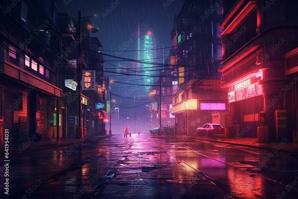 Illustration of a futuristic street and buildings at night with neon lights
