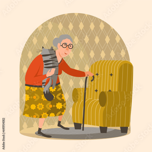 Old woman with cane holding cat and going to sit in chair. Lady spending time with pet at home. Time of retirement concept. Vector flat illustration in green colors in cartoon style