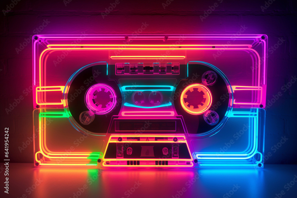 Neon cassette. Nostalgia of the 90s. Audio cassette for listening to music. - obrazy, fototapety, plakaty 