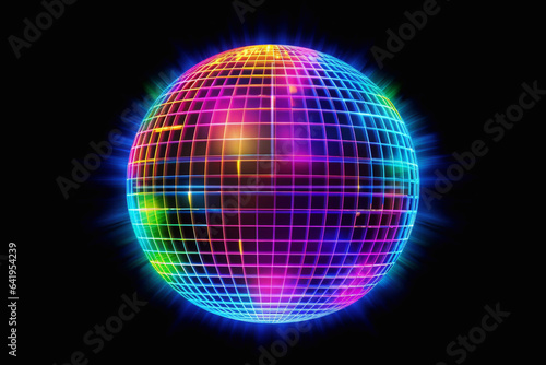 Disco ball with neon effect. Nightclub. Retro disco. Disco party.