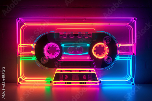 Neon cassette. Nostalgia of the 90s. Audio cassette for listening to music. photo