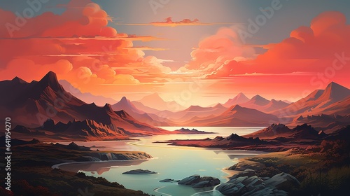Abstract mountain landscape in orange sky