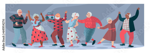 Set of group of senior people dancing together. Multicultural old men and women spending time, having fun and rest. Vector flat illustration in blue and red colors