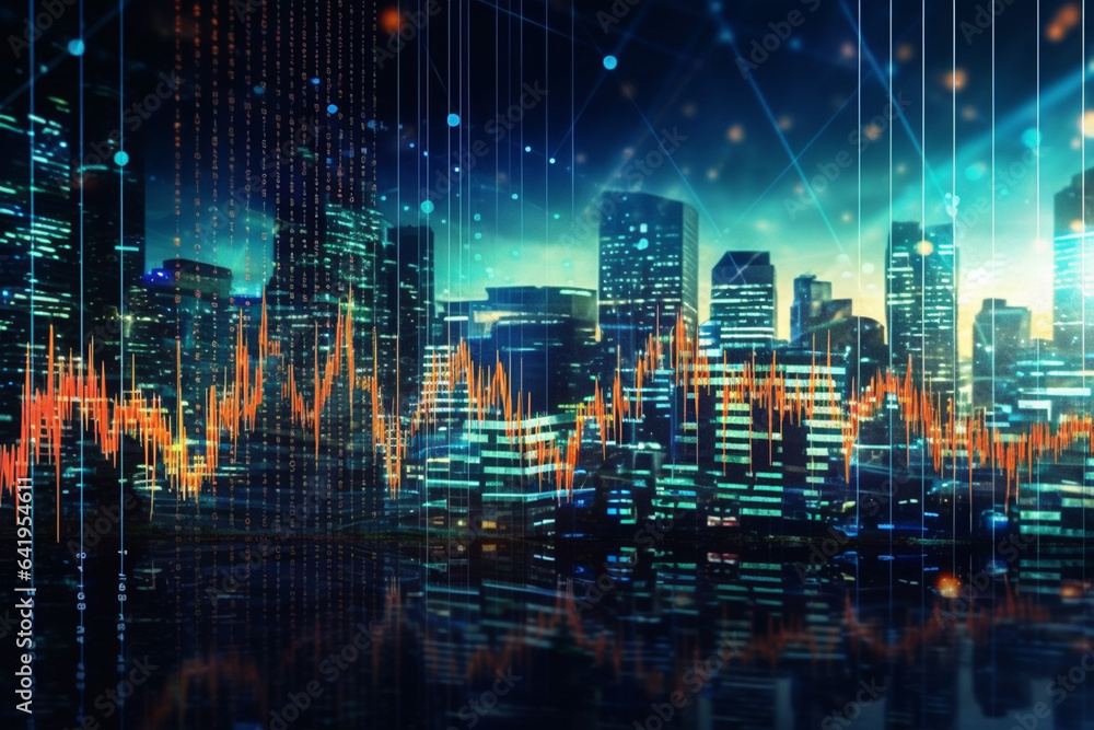 Double exposure of business graph and cityscape background. Concept of stock market.
