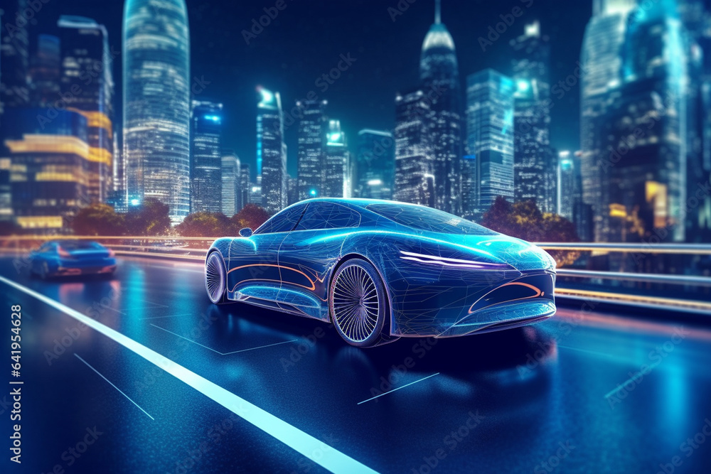 Fototapeta premium Car on the road in modern buildings city at night. 3d rendering