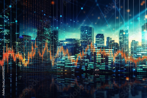 Double exposure of business graph and cityscape background. Concept of stock market.