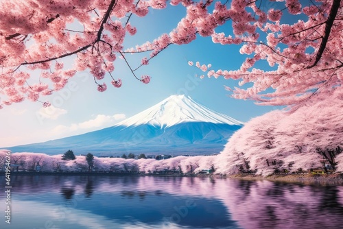 Mount Fuji with pink trees travel destination. Tour tourism exploring.