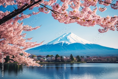 Mount Fuji with pink trees travel destination. Tour tourism exploring.