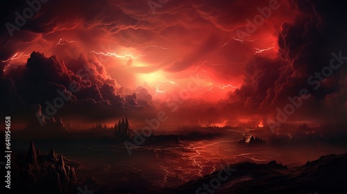 Post-apocalyptic image of an orange sunset over colorful clouds