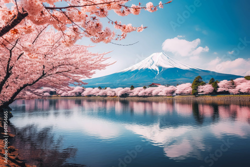 Mount Fuji with pink trees travel destination. Tour tourism exploring. © Katrin Kovac