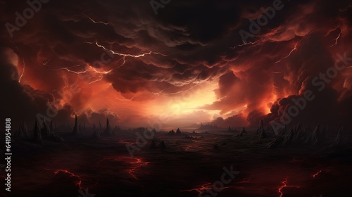 Post-apocalyptic image of an orange sunset over colorful clouds