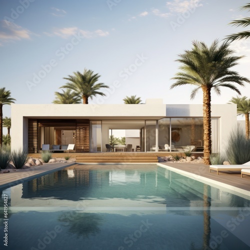 A sky full of palm trees and a majestic house overlooking a pristine swimming pool provides an idyllic vacation destination for those seeking luxurious architecture, natural beauty, and restorative t © mockupzord