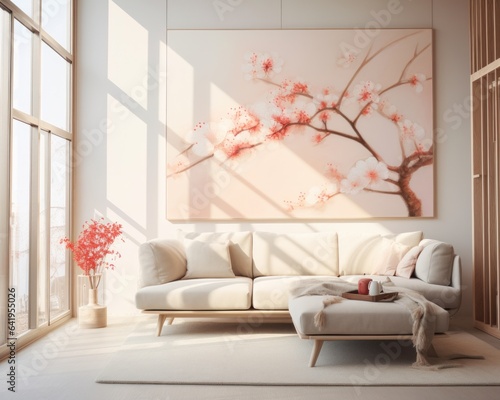 A vibrant living room featuring a grand wall painting, cozy furniture, and cheerful floral accents, all creating a welcoming atmosphere to relax and enjoy
