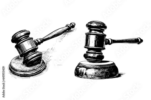 Judicial gavel drawing in vintage black and white style for lawyer and judge's retro legal icon, classic courtroom symbol for legal profession and law practice SVG vector