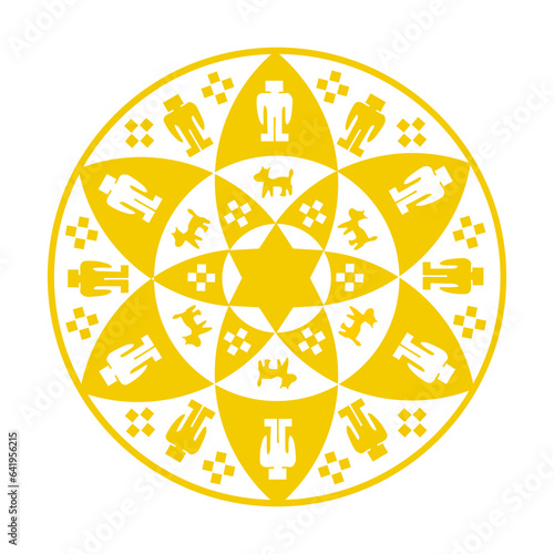 Circle badge coat of arms Indian flag Yavapai Prescott tribe vector illustration isolated. Symbol of native people in America. Button roundel Yavapai Prescott clan emblem. Reservation in Arizona, USA
