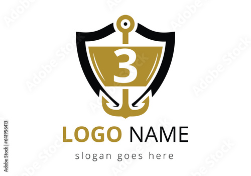 letter 3 with Anchor Logo Design Template. Marine, Sailing Boat Logo