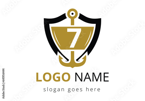 letter 7 with Anchor Logo Design Template. Marine, Sailing Boat Logo