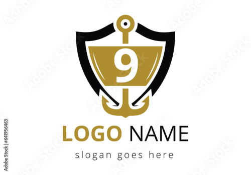 letter 9 with Anchor Logo Design Template. Marine, Sailing Boat Logo