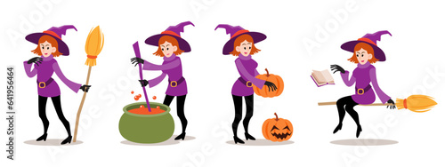 Set of Witches . Halloween cartoon characters . White isolate background . Vector .