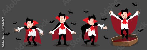 Set of Dracula vampire . Halloween cartoon characters . Gray isolate background . Vector .