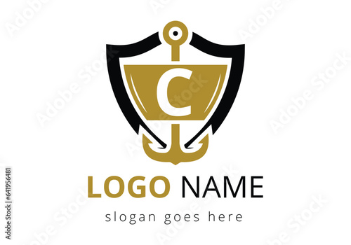letter C with Anchor Logo Design Template. Marine, Sailing Boat Logo