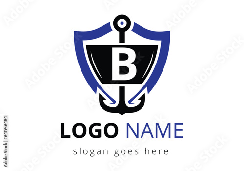 letter B with Anchor Logo Design Template. Marine, Sailing Boat Logo