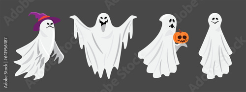 Set of White cloth ghost . Halloween cartoon characters . Gray isolate background . Vector .