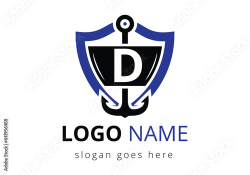 letter D with Anchor Logo Design Template. Marine, Sailing Boat Logo