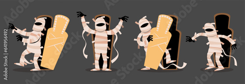 Set of Mummy . Halloween cartoon characters . Gray isolate background . Vector .