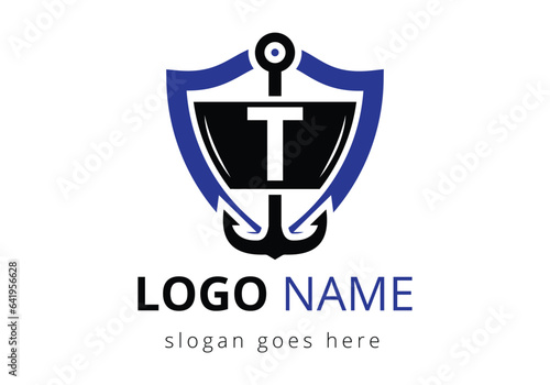 letter T with Anchor Logo Design Template. Marine, Sailing Boat Logo