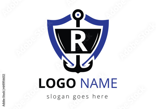 letter R with Anchor Logo Design Template. Marine, Sailing Boat Logo