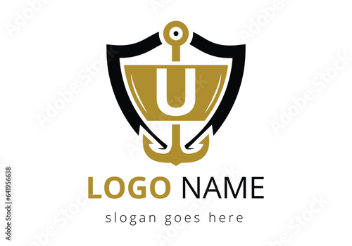 letter U with Anchor Logo Design Template. Marine, Sailing Boat Logo