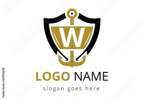 letter W with Anchor Logo Design Template. Marine, Sailing Boat Logo