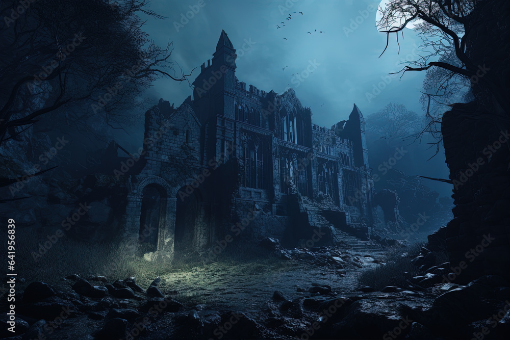 Crumbling castle in ruins, late at night in haunted forest.