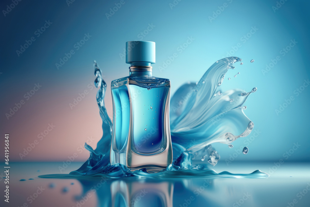 Perfume bottle in water splash. Summer fragrance in perfumery with a nautical theme - obrazy, fototapety, plakaty 