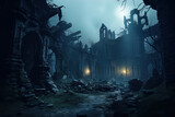Crumbling castle in ruins, late at night in haunted forest.