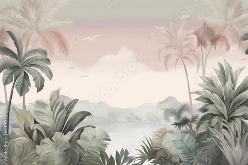 Tropical landscape wallpaper design in pastel tones  soft color  oil painting background  palm and banana trees  mural art  Generative AI