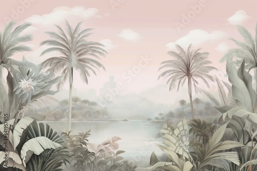 Tropical landscape wallpaper design in pastel tones  soft color  oil painting background  palm and banana trees  mural art  Generative AI