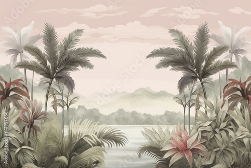 Tropical landscape wallpaper design in pastel tones, soft color, oil painting background, palm and banana trees, mural art, Generative AI