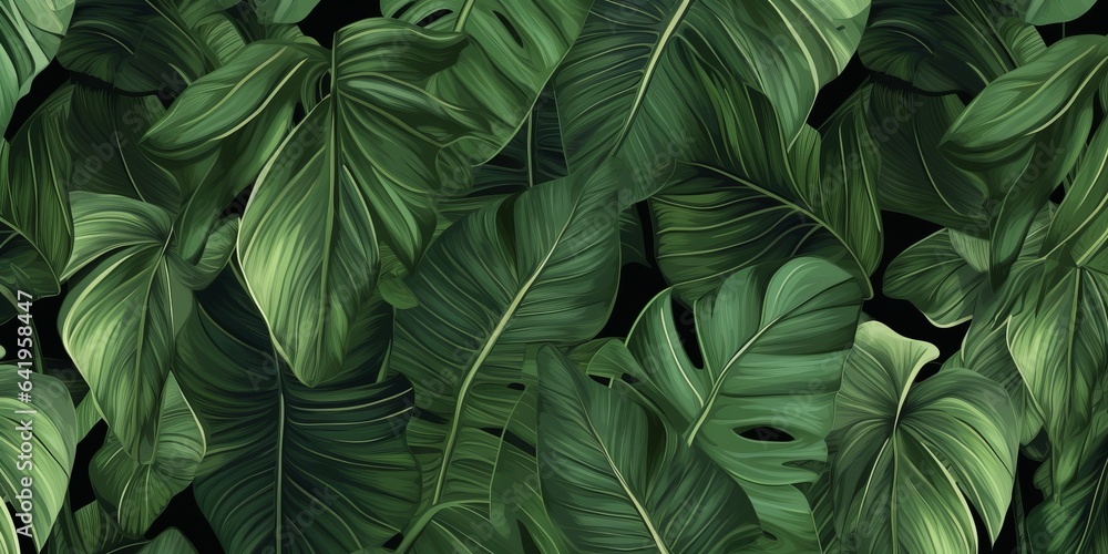 Tropical exotic seamless pattern with tropical green palm, colocasia, banana leaves. Hand drawing botanical vintage background. Suitable for making wallpaper, printing on fabric, Generative AI - obrazy, fototapety, plakaty 