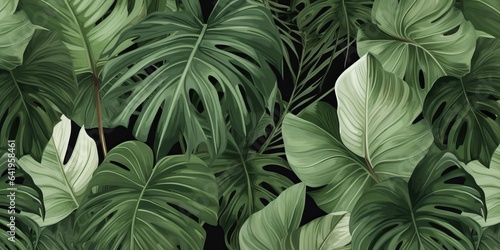 Tropical exotic seamless pattern with tropical green palm, colocasia, banana leaves. Hand drawing botanical vintage background. Suitable for making wallpaper, printing on fabric, Generative AI photo
