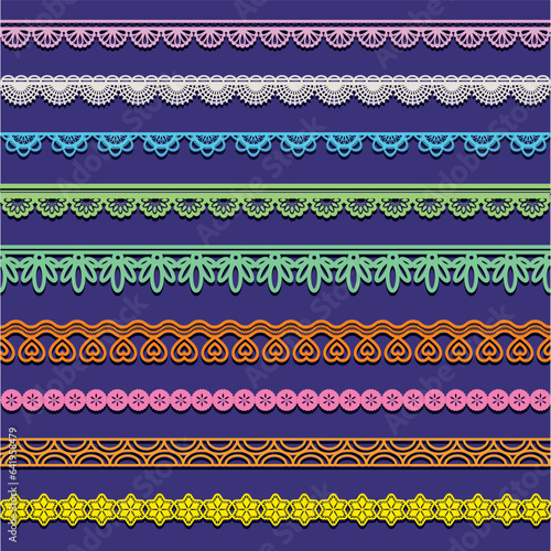 Set of lace strips edging. Cute white seamless repeating textile borders, laces fabric tapes. Editable vector file, ribbons retro style, vintage cloth, wedding and scrapbook isolated strips