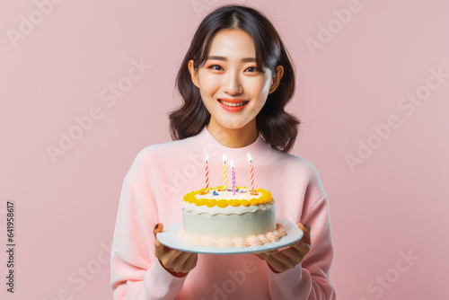 Happy young korean woman with birthday cake. Smiling woman holding birthday cake. Generative AI