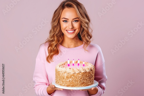 Happy young russian woman with birthday cake. Smiling woman holding birthday cake. Generative AI