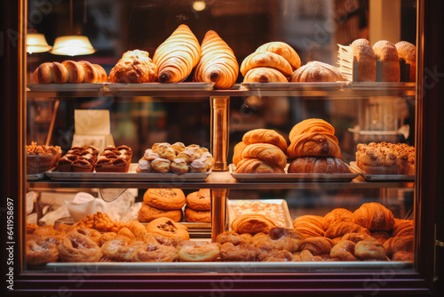 French bakery window. Pastries, croissants, donuts, pain au chocolate, baked goods. Generative AI