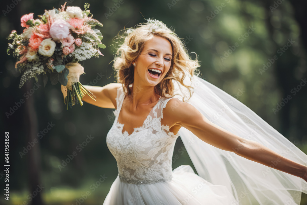 Bride throwing a wedding bouquet. Happy bride excited smile for wedding, happiness and marriage. Generative AI Bride throwing a wedding bouquet. Happy bride excited smile for wedding, happiness and marriage. Generative AI